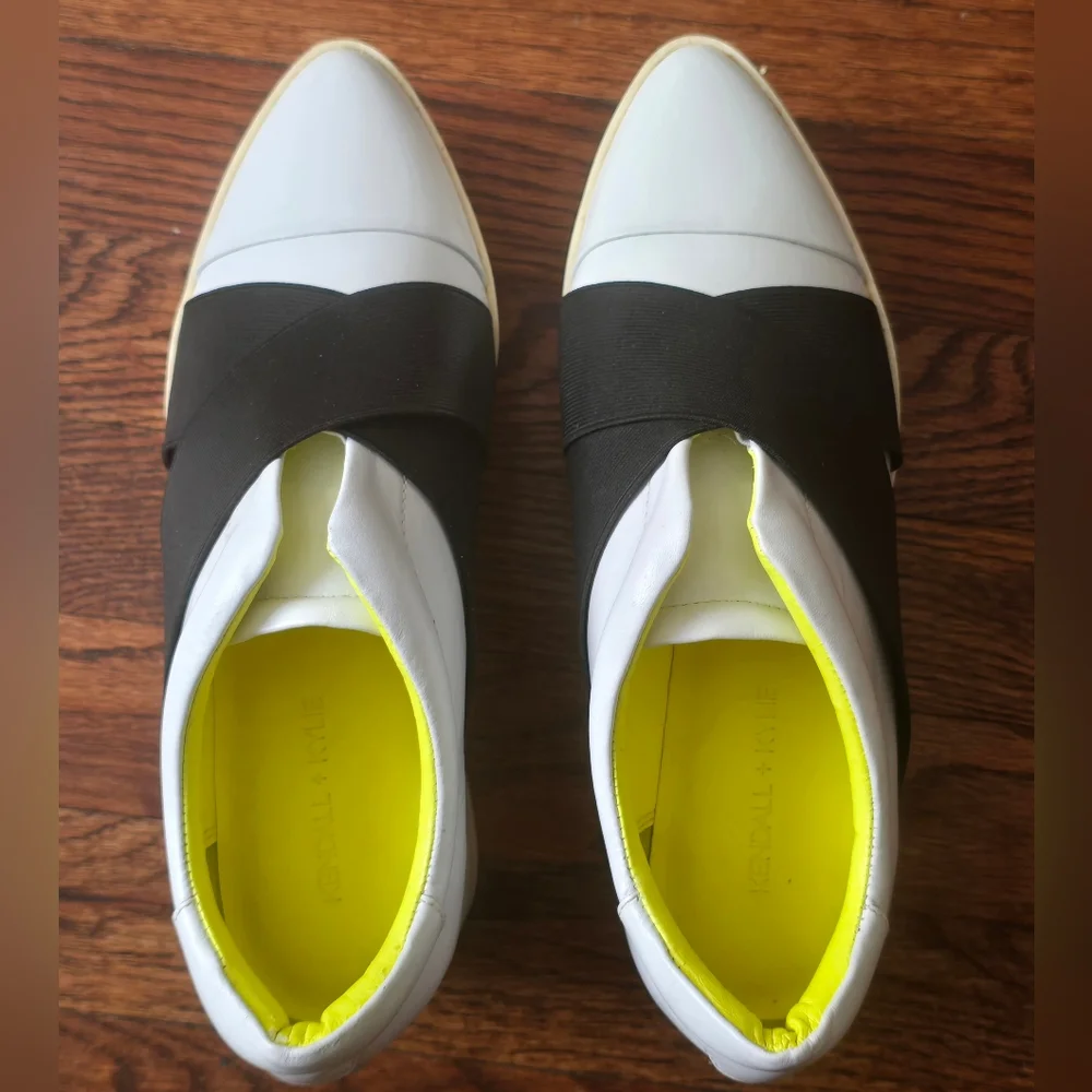 Kendall & Kylie White Black Platform Sneakers with Neon Yellow Lining